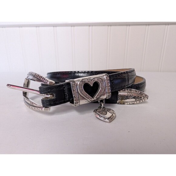 Brighton Accessories - Brighton L 34” Black Croc Embossed Leather Slim Belt Heart Buckle Charm 42703